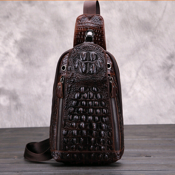 2021 new Korean version crocodile textured men's chest bag trendy genuine leather retro single shoulder inclined cross headlining cow leather men's bag