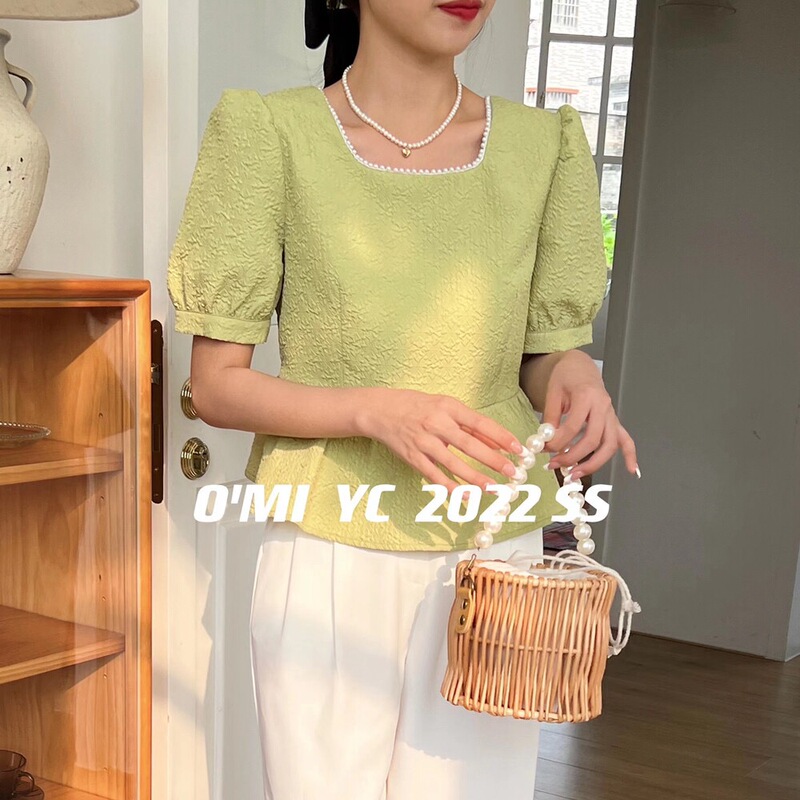 Korean O Mi French-Style Elegant Pearl-Decorated Square-Neck Puff-Sleeve Short Babydoll Top Backless T-Shirt Blouse