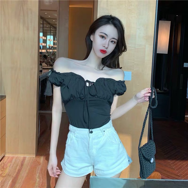 Korean Design-Inspired Niche Off-Shoulder T-Shirt with Puff Sleeves, Square Neck, Bamboo Cotton, Hong Kong Style Top, Special Offer
