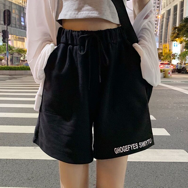 夏季韩版2020新款松紧抽绳字母刺绣学生百搭高腰运动休闲短裤女装