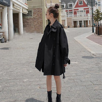 VOGCHAR autumn 2022 new black Hepburn windbreaker jacket female Korean version loose and fashionable thin medium and long section
