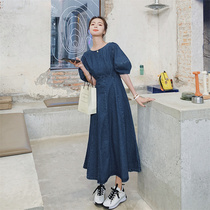 VOGCHAR 2021 new summer retro Hepburn style lantern sleeve denim dress goddess fan knee-length dress
