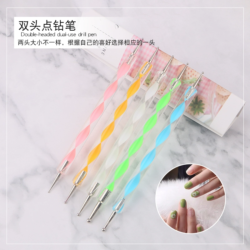 Công cụ Nail Huanrou Đầu hai đầu xoắn ốc Pha lê Cực Điểm Bút 5 Set Điểm Bút Pen Hook Hoa Nail Pen - Công cụ Nail