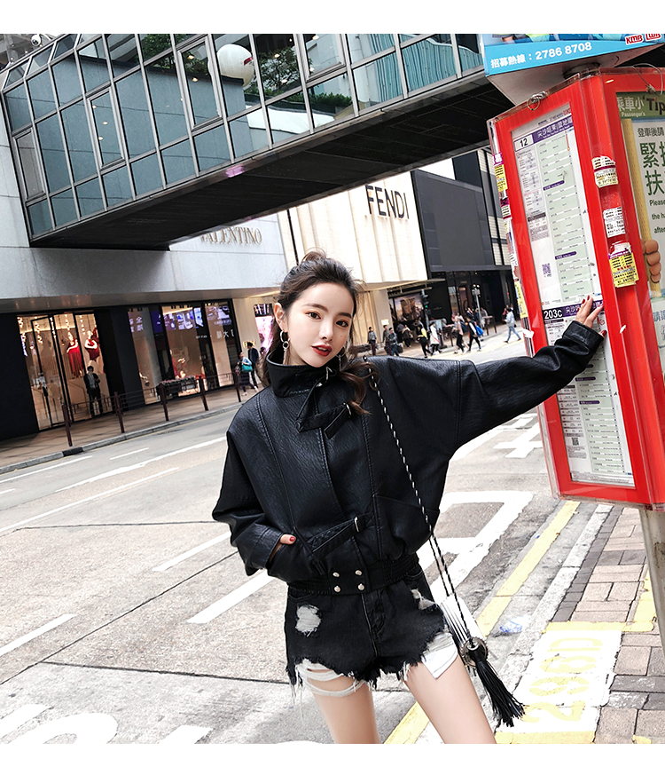 Mùa thu 2018 mới của Hàn Quốc phiên bản của màu đen lỏng đầu máy pu da phụ nữ ngắn ngắn tay áo giản dị áo khoác da áo da