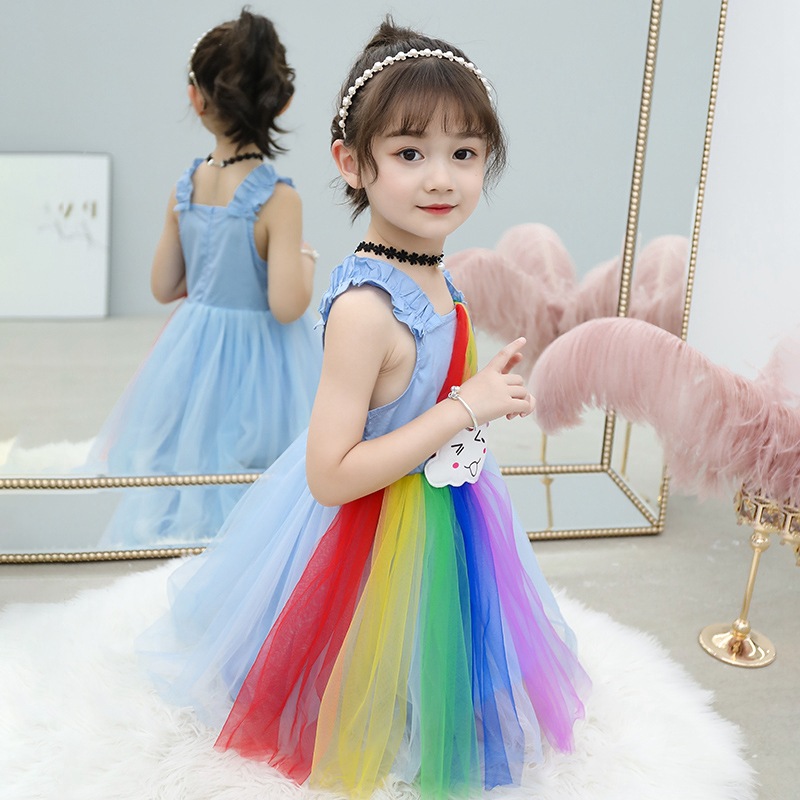 Cô gái mùa hè váy cầu vồng 2020 trẻ em mới của siêu khí poncho lưới váy trẻ em thực hiện công chúa váy.