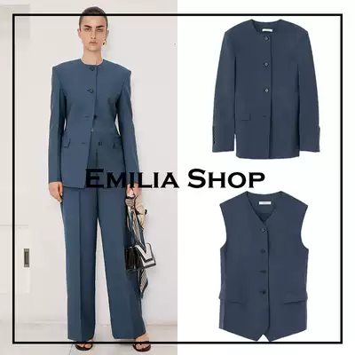 Buyer shop spot RECTO suit 21s new navy blue collarless wool jacket vest jacket wide leg pants