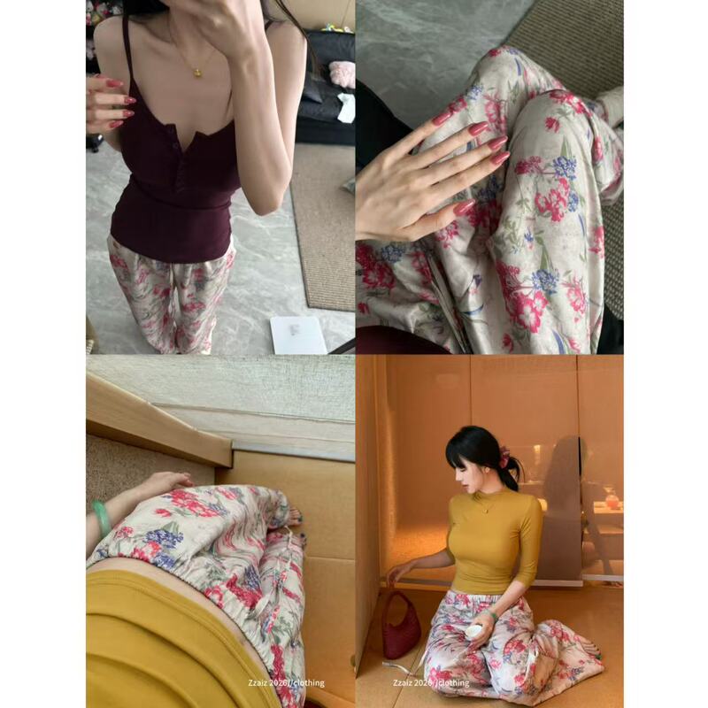 Zzaiz, the Flower of Prosperity in This World~ Printed Casual Pants with Elastic Drawstring, Loose Straight-Leg Pants, Slimming Sleep Pants, Long Pants for Women Zzaiz, the Flower of Prosperity in This World~ Printed Casual Pants with Elastic Drawstring, Loose Straight-Leg Pants, Slimming Sleep Pants, Long Pants for Women