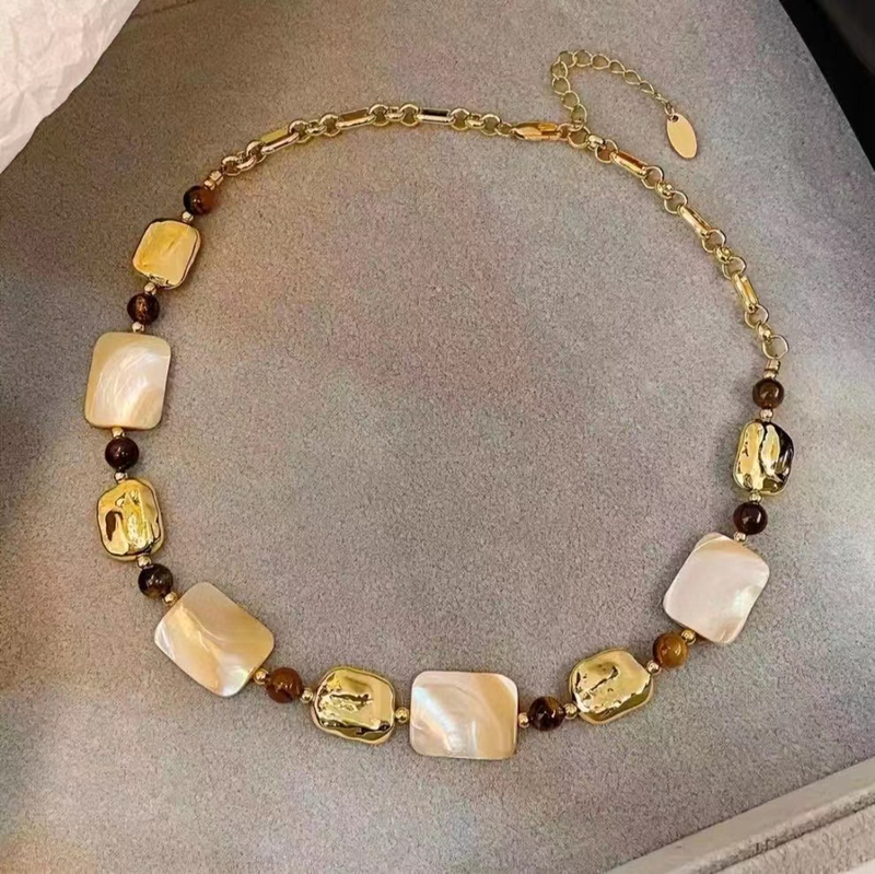 Cool Style Tiger Eye Stone Natural Shell Necklace, Light Luxury, Vintage, High-End Feel, Clavicle Chain, Elegant, Niche, Versatile Neck Chain