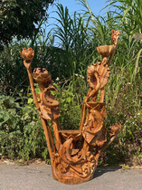 Natural root carving natural root solid wood multi-layer living room ornaments whole Lotus fish wood carving flower stand
