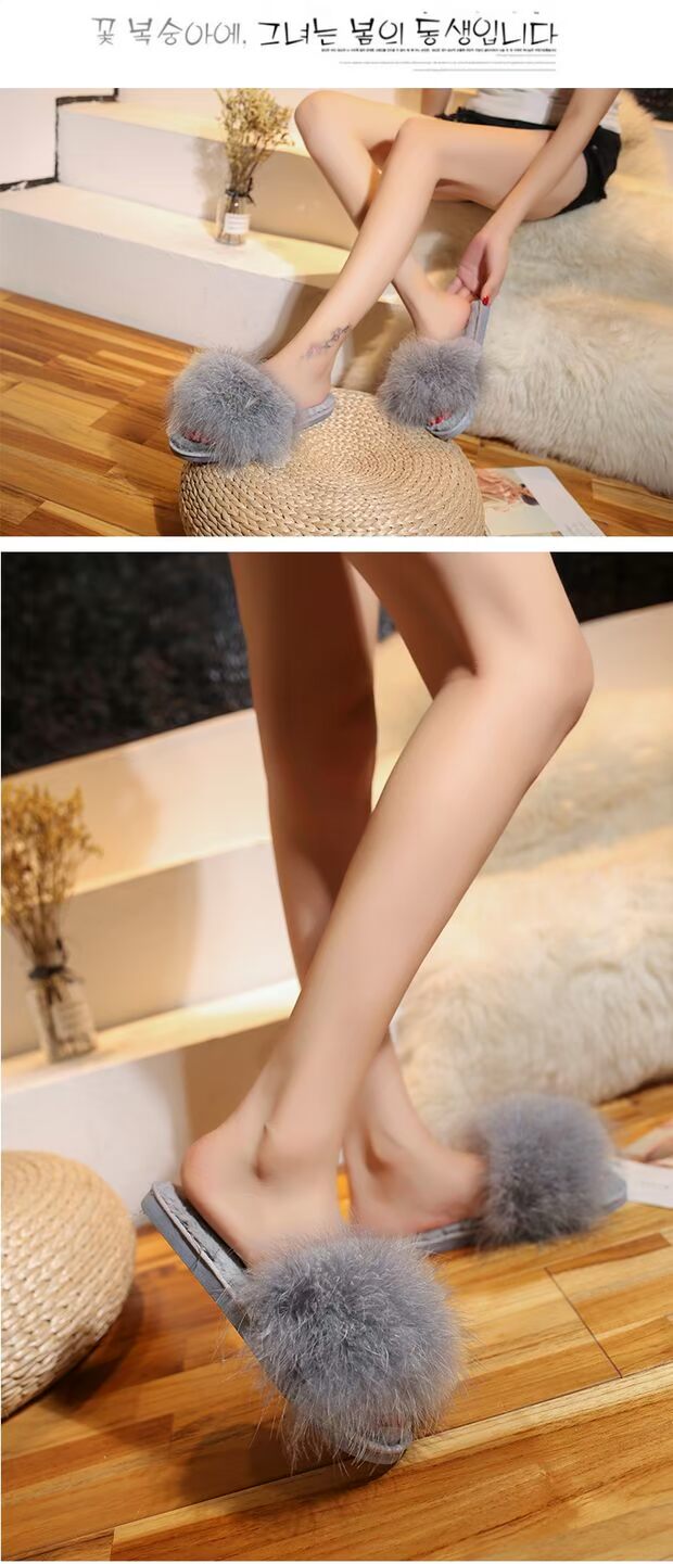 Nhà máy trực tiếp mùa xuân mới nhà bông dép nữ đà điểu lông nhà lông một dép từ tóc dép sandal nữ đi học