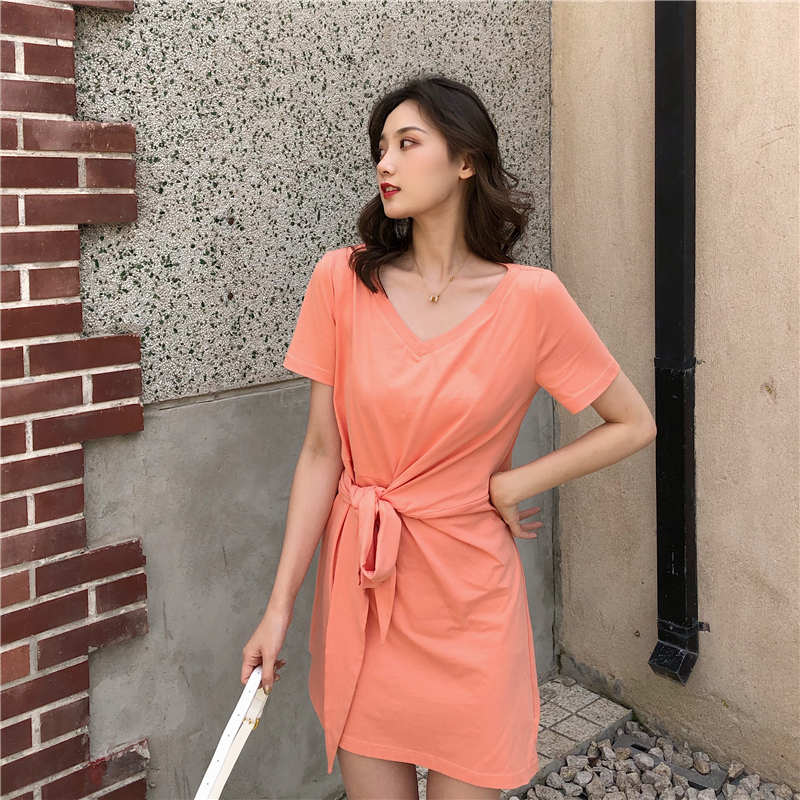 VK旗艦店 韓國風不規則T恤系帶設計感短袖洋裝