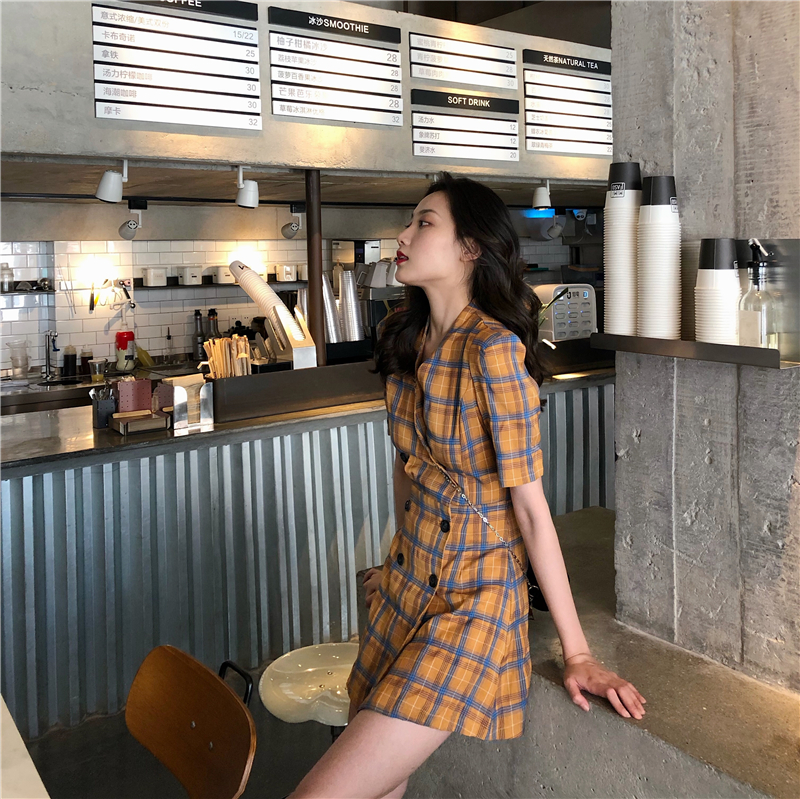 VK旗艦店 韓系格紋撞色雙排扣高腰短袖洋裝