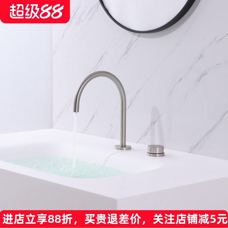 All-Copper Nickel Brushed Double-Hole Split Basin Faucet with Hot and Cold Water, Brushed Silver Dual-Switch Three-Hole Washbasin Swivel All-Copper Nickel Brushed Double-Hole Split Basin Faucet with Hot and Cold Water, Brushed Silver Dual-Switch Three-Hole Washbasin Swivel