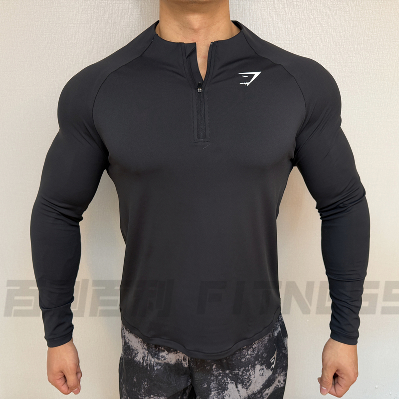 So Strong! Gymshark 1/4 Zip Men's Sports Fitness Slim-Fit Stretch Quick-Drying Figure-Flattering Long-Sleeve T-Shirt
