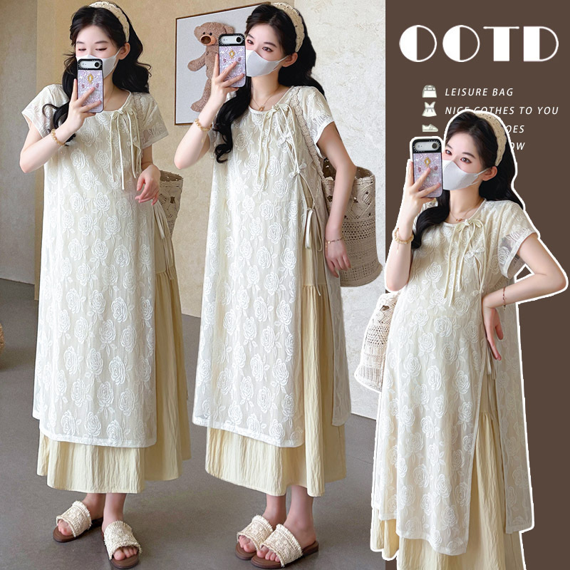 Angel Mommy~ Maternity Set: Summer Pleated Patchwork Dress + Slit Embroidered Floral Lace Cover-Up Dress