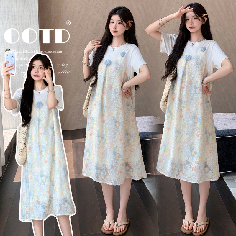 Angel Mommy~ Maternity Wear Summer Fashion Round Neck Short Sleeve Color-Blocking Fake Two-Piece Patchwork Embroidered Floral Dress Angel Mommy~ Maternity Wear Summer Fashion Round Neck Short Sleeve Color-Blocking Fake Two-Piece Patchwork Embroidered Floral Dress