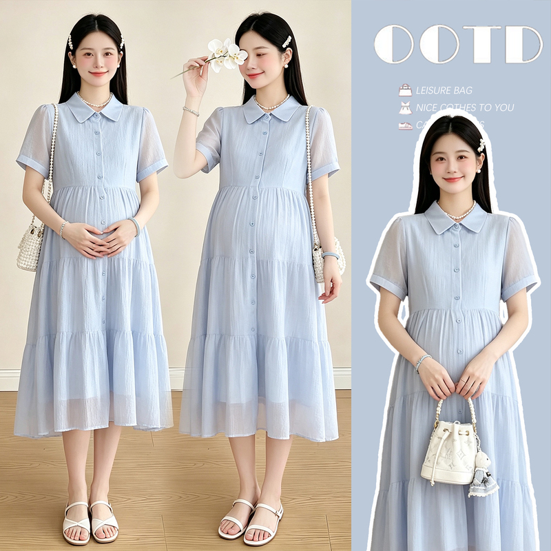 Angel Mommy~ Maternity Wear Summer Fashion Style Lapel Lantern Sleeve Single-Breasted Loose Patchwork Shirt Dress