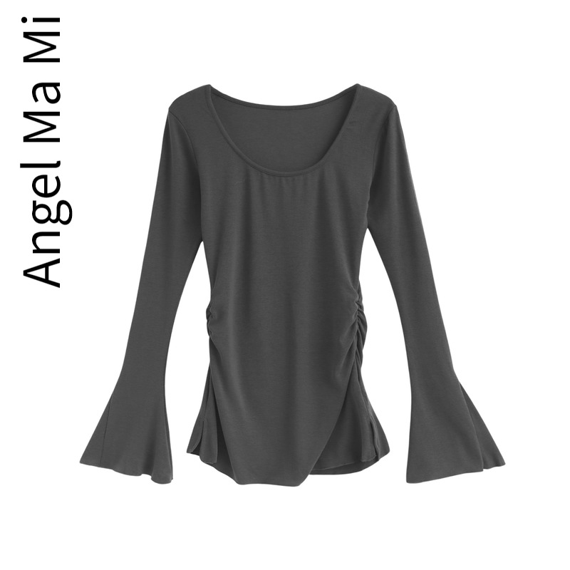 エンジェルママの手作り〜妊婦用春スリムフィット大きなスクエアカラートランペットスリーブトップファッショナブルなホットママボトムシャツ