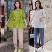 Angel Mommy ~ Pregnant summer suit fashion out V-neck sweet doll shirt Loose casual nine-point pants