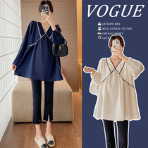 Angel Mommy ~ Gestation Woman Dress Spring Autumn Long Sleeve Shirt Loose Big Code V Collar Temperament Slim Fit Hood Doll Blouse