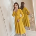 Phụ nữ mang bầu mùa thu 2018 mới thời trang V-cổ ren co giãn thon eo cao cho bà bầu dài yếm bầu đẹp Áo thai sản