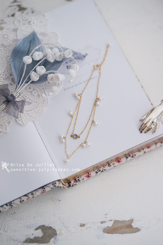 Juillet tháng 7 | Haze xanh. Nhập khẩu đôi nhỏ màu xanh nhạt zircon + vòng tay đôi ngọc trai nước ngọt / vòng chân - Vòng đeo tay Clasp vòng bạc nữ