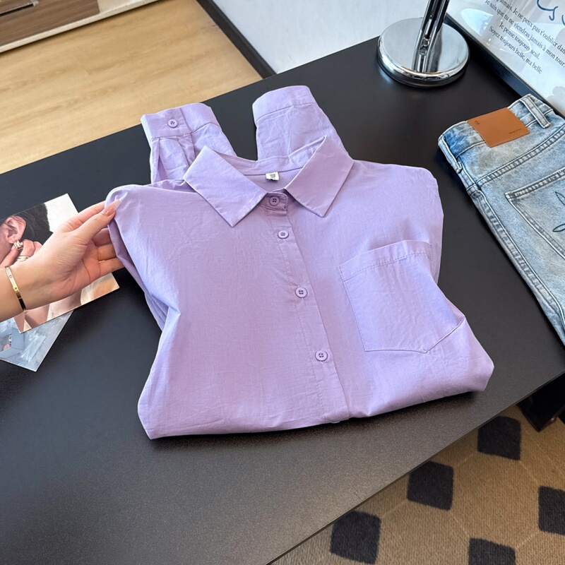 High-End Purple Versatile Collared Oversized Dual-Use Cufflink Mid-Length Slimming Long-Sleeve Shirt for Women, Sun-Protective Cover-Up, Trendy