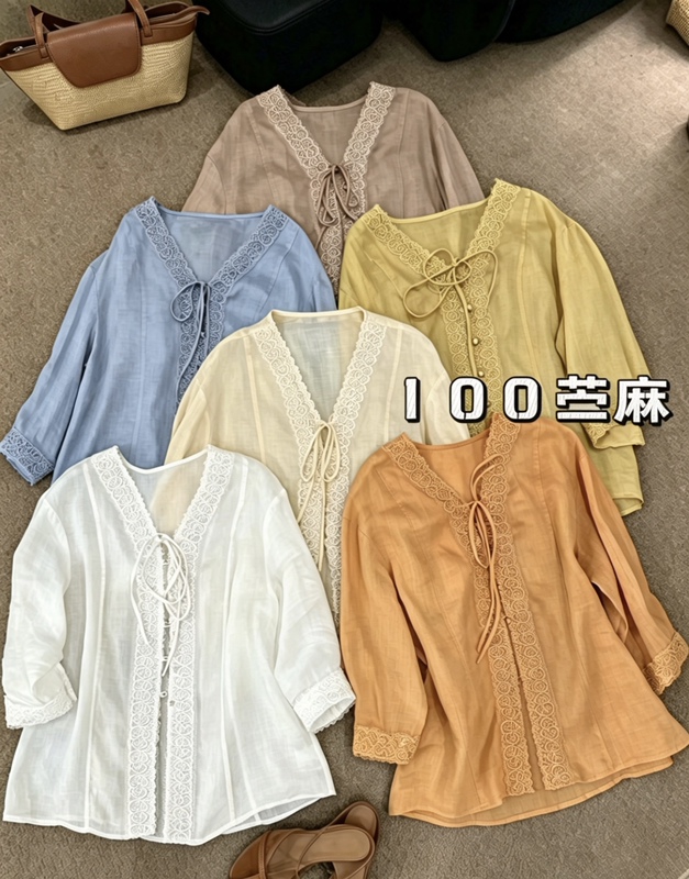 100% Ramie Top with Drawstring, Lace Trim, Sequin Embroidery, Breathable and Cool Blouse with V-Neck and Loose Three-Quarter Sleeves