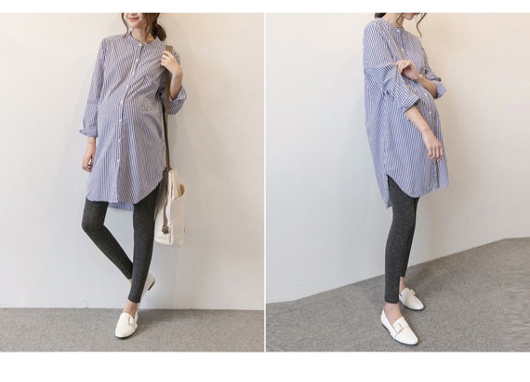 Áo bà bầu xuân 2019 mới áo dài tay cho bà bầu mùa xuân và mùa thu dài đoạn rộng sọc rộng váy bà bầu - Áo thai sản những mẫu váy bầu đẹp