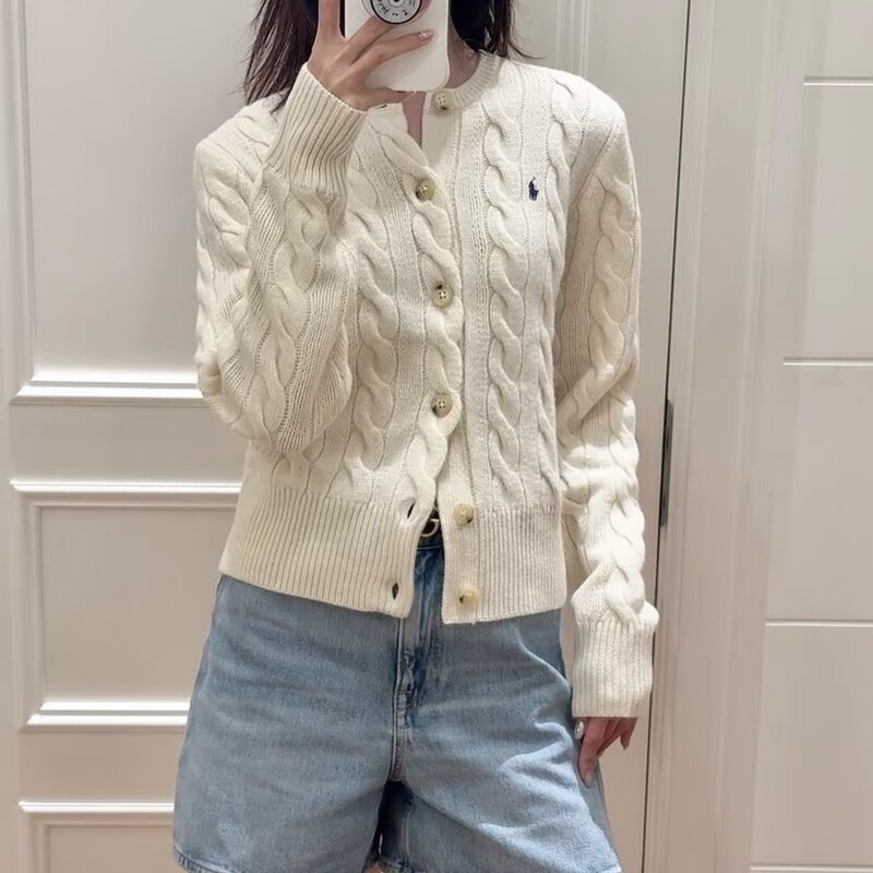 Ralph Lauren/Ralph Lauren Women's Round Neck Pony Logo Twist Knit Wool Cardigan Sweater Jacket Autumn