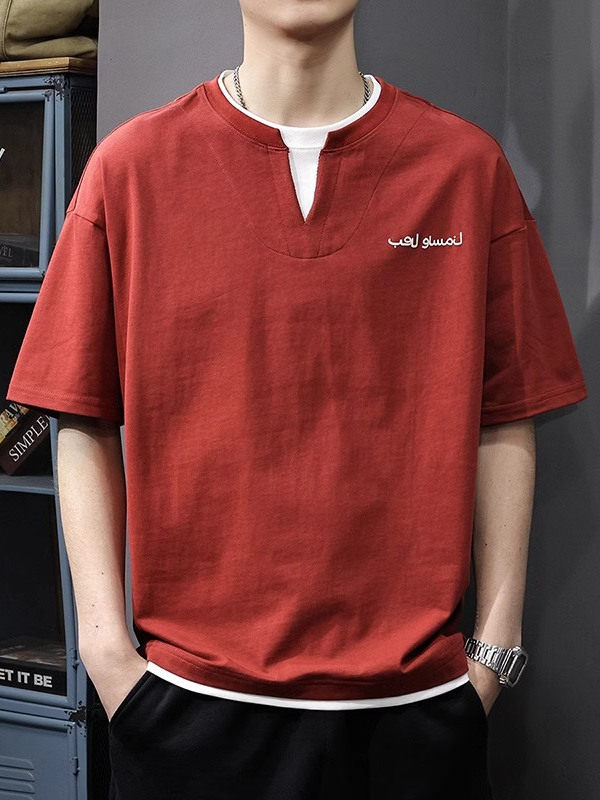 Kangshi Yishu 2026 Summer American-Style Trendy Brand Design Short-Sleeve T-Shirt for Men, Fake Two-Piece Half-Sleeve V-Neck T-Shirt, Pure Cotton