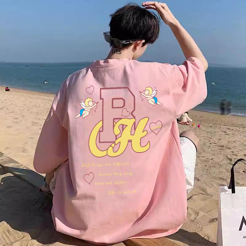 Kasumi Ichiki Pink Men's Short-Sleeved T-Shirt with Angel Baby Print 2026 Summer Pure Cotton Trendy Brand ins Top