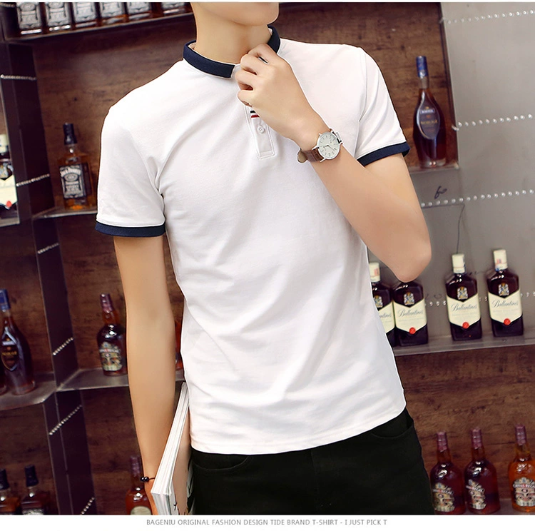 Phiên bản hàn quốc mùa hè nam mới in đơn giản áo polo ngắn tay mỏng phần thoáng khí thanh niên ve áo T-shirt áo phông kẻ ngang nam