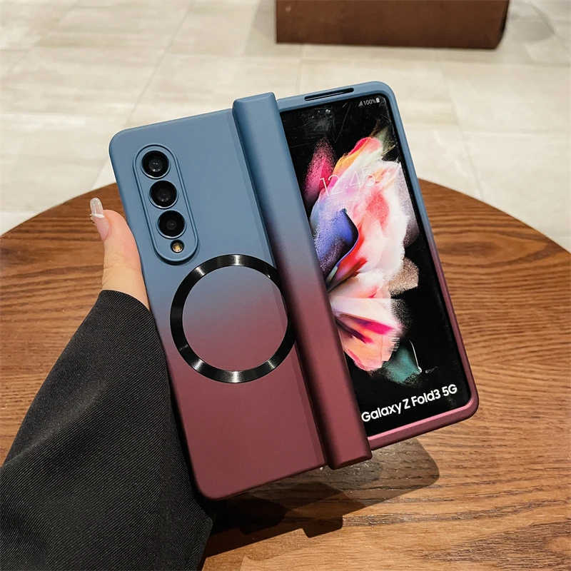 Suitable for Samsung Z Fold 3 Phone Case, New High-End Gradient Frosted Hinge Magnetic Full-Cover Case, W22 Ultra-Thin Anti-Drop Phone Cover, Galaxy Portable Women's Niche Simple Protective Case