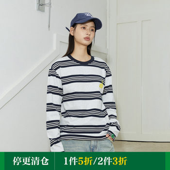 Mood Like Me Striped Color-Blocking Gradient Print Long-Sleeve T-Shirt 2024 Spring and Autumn Unisex Couple Round-Neck Top