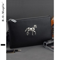 BOMaple Horse Pattern Genuine Leather Handbag Mens Head Layer Bull Leather Hand Grab Bag Large Capacity Business Minimalist Letter Enveloping