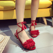 2021 summer girls new low-heeled open-toed sandals female Korean fashion tassel ankle strap student sandals