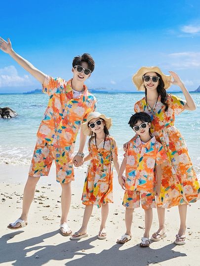 海边亲子装夏装一家三四口母子女连衣裙旅游度假沙滩情侣衬衫套装