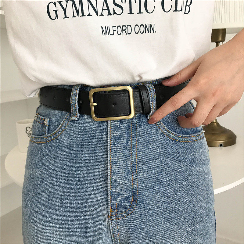ins Korean new belt uzzlang rectangular copper buckle chic retro simple ladies wide belt PU leather tide