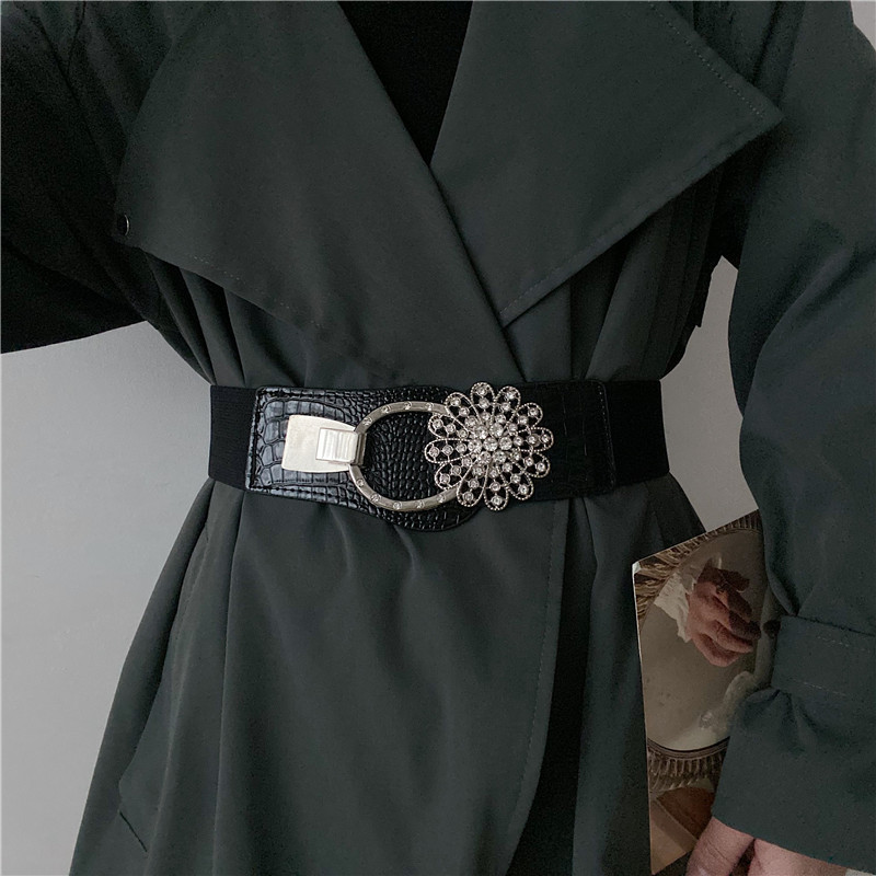 High-end Rhinestone Elastic Belt Ladies European and American fashion waist with suit coat windbreaker with wide waistband trendy