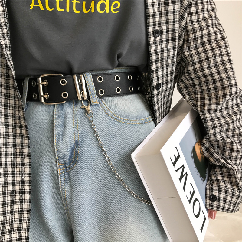Double row hole fashion style belt design homemade ins super fire ring ladies belt chain punk style BF tide