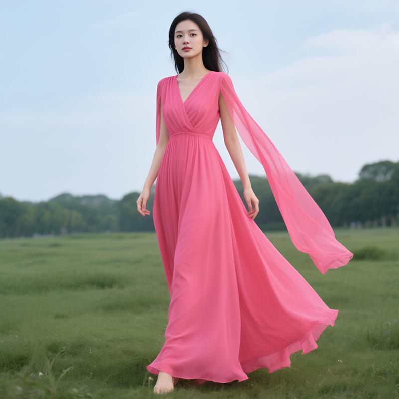 High-End Waist-Cinching Chiffon Summer New Style High-End Dress Seaside Vacation Beach Long Dress Simple Dress