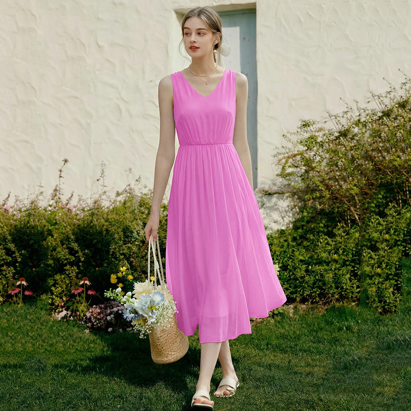 2026 Dress Sleeveless V-Neck Vest Dress Women's Summer Seaside Vacation Beach Dress Chiffon High-End Long Dress