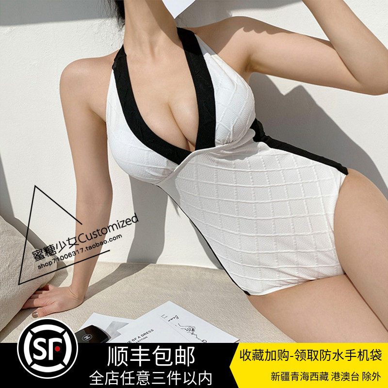 INS Xiaohongshu vacation Xiaoxiangfeng sexy one-piece slim swimsuit female deep V white hot spring temperament swimming suit