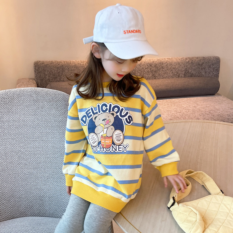 Girl's thick T-shirt with long version of spring dress 2022 new spring autumn children striped long sleeve little girl loose casual blouse