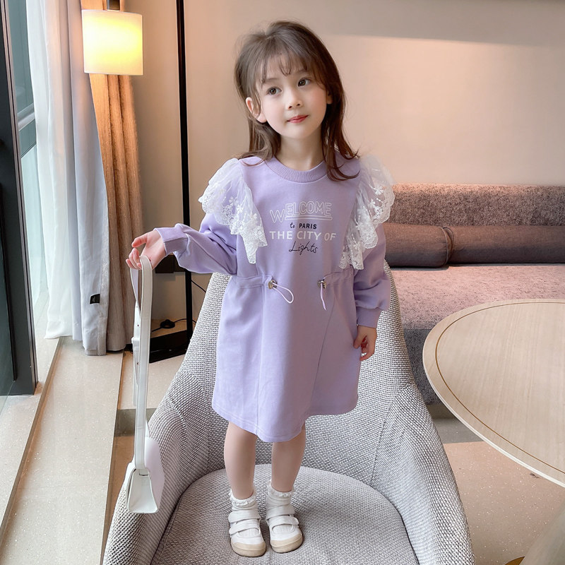 Girls sweatshirt dress dress autumn 2022 new children's clothing little girl long sleeves children's foreign lace edge skirt