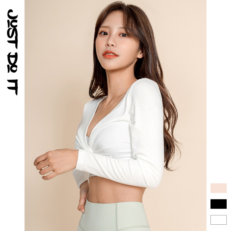 High-Quality Fashionable Cross-Over Long-Sleeved Yoga Tops for Women, Sexy Tight-Fitting Navel-Baring Short Quick-Drying Fitness Clothes