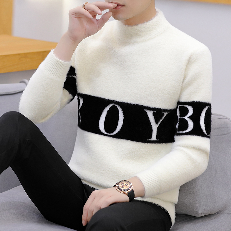 Autumn and winter half turtleneck mink fleece sweater men's bottoming shirt teenager student woolen sweater trend autumn top