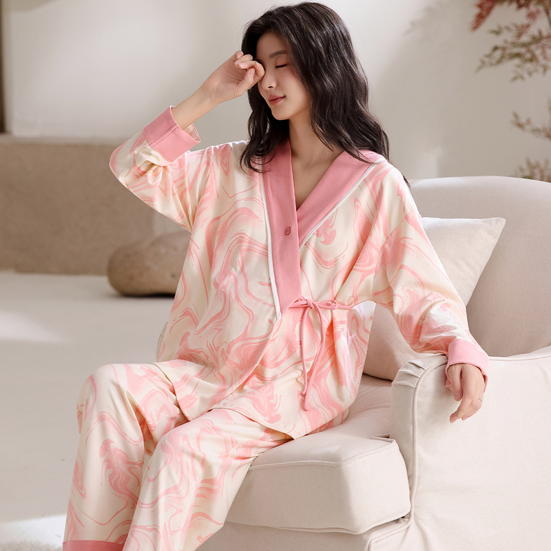Autumn V-Neck Maternity Pajamas for Women, Kimono-Style with Chest Pads, Suitable for Breastfeeding, Home Wear, Two-Piece Set