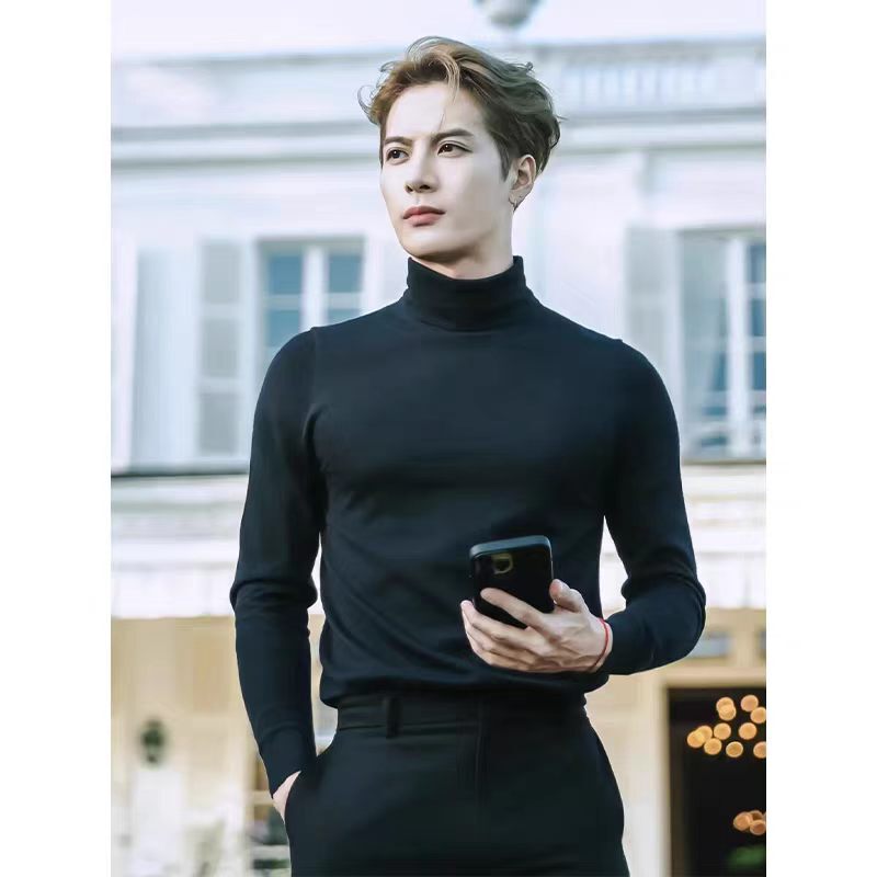 Jackson Wang's Same Style Korean Half-Turtleneck Sweater for Men, Autumn and Winter Trendy Black Knitwear, Slim-Fit Base Layer